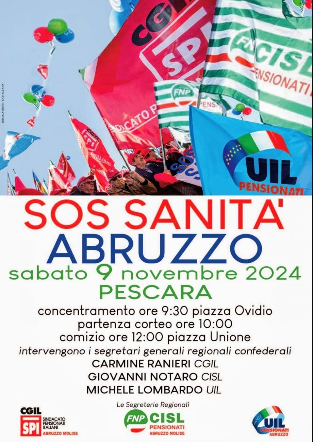 SOS Sanità Abruzzo: Spi Cgil Fnp Cisl Uilp Uil 9 novembre in piazza a Pescara