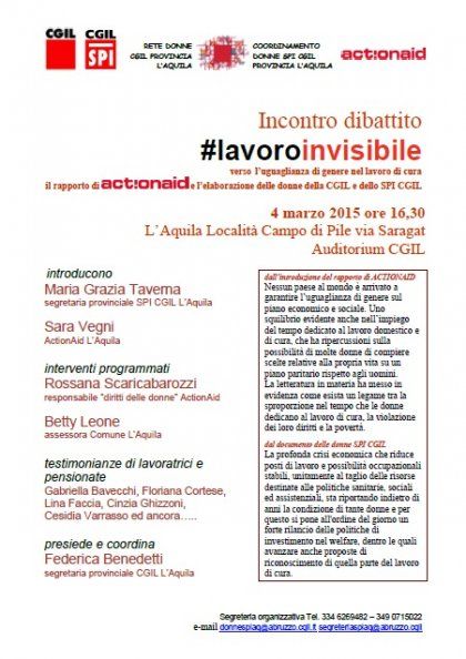 4 marzo 2015 L&#039;Aquila &quot;#lavoro invisibile: verso l&#039;uguaglianza di genere nel lavoro di cura&quot;