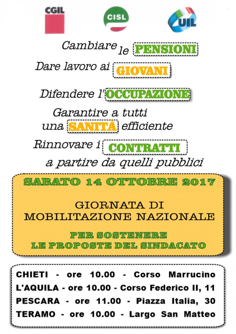 14 ottobre Lavoro, previdenza, welfare e sviluppo: in piazza anche l&#039;Abruzzo