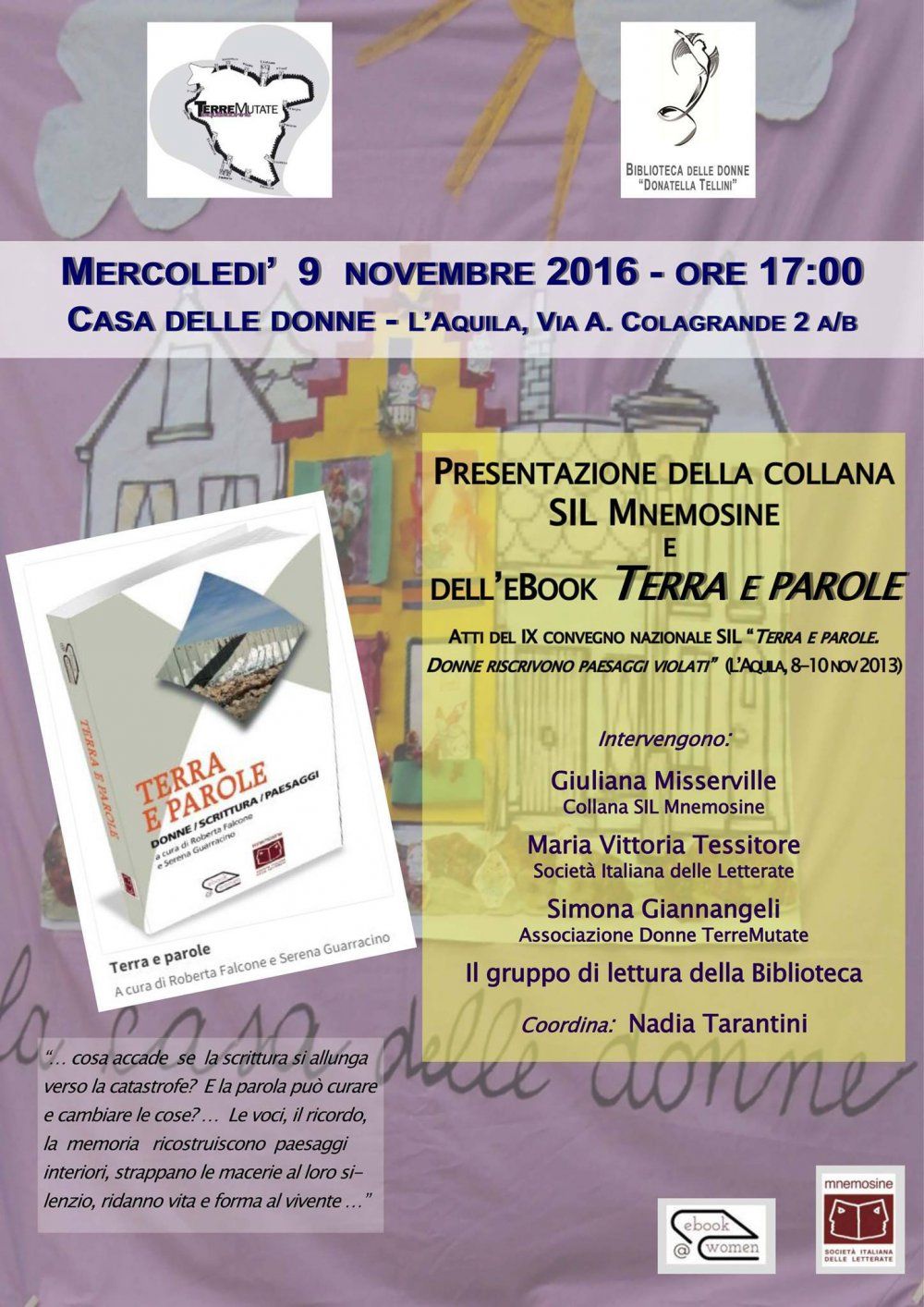 L&#039;Aquila Casa delle Donne 9 novembre 2016: Presentazione e-book SIL Terra e parole