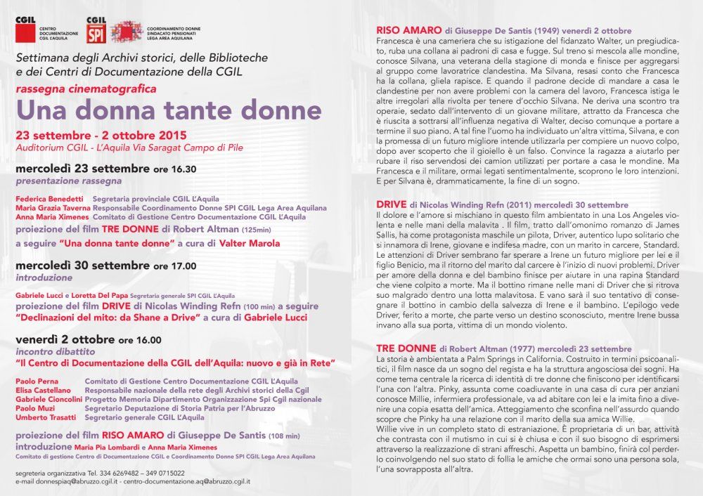 Settimana degli Archivi storici, delle Biblioteche e dei Centri di documentazione della CGIL rassegna cinematografica &quot;Una donna tante donne&quot;