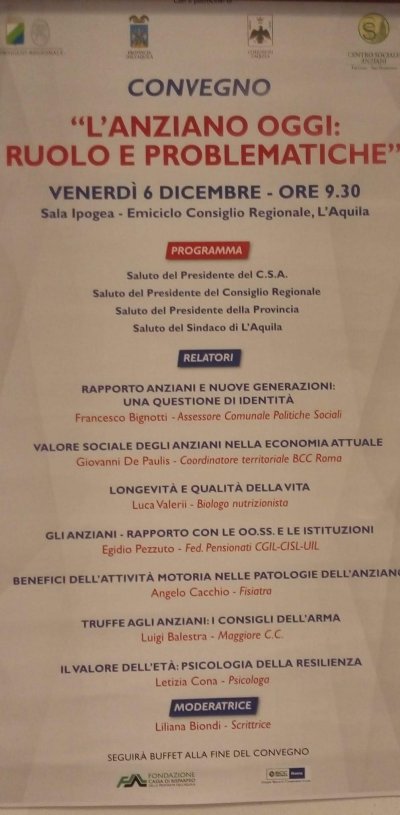 L&#039;Aquila 6 dicembre 2019. Intervento al convegno L’anziano oggi: ruolo e problematiche